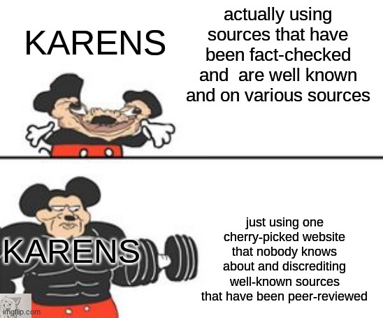 Buff Mokey | KARENS; actually using sources that have been fact-checked and  are well known and on various sources; just using one cherry-picked website that nobody knows about and discrediting well-known sources that have been peer-reviewed; KARENS | image tagged in buff mokey | made w/ Imgflip meme maker
