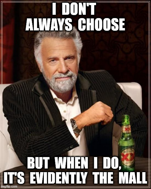 The Most Interesting Man In The World Meme | I  DON'T  ALWAYS  CHOOSE BUT  WHEN  I  DO,  IT'S  EVIDENTLY  THE  MALL | image tagged in memes,the most interesting man in the world | made w/ Imgflip meme maker