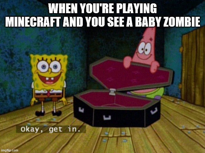 Ok Get In! | WHEN YOU'RE PLAYING MINECRAFT AND YOU SEE A BABY ZOMBIE | image tagged in ok get in | made w/ Imgflip meme maker