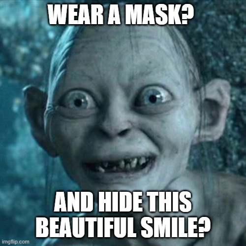Gollum Meme | WEAR A MASK? AND HIDE THIS BEAUTIFUL SMILE? | image tagged in memes,gollum | made w/ Imgflip meme maker