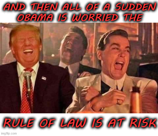 Trump Good Fellas |  AND THEN ALL OF A SUDDEN
OBAMA IS WORRIED THE; RULE OF LAW IS AT RISK | image tagged in trump laughing,memes,good fellas hilarious,barack obama,law and order,suddenly clear clarence | made w/ Imgflip meme maker