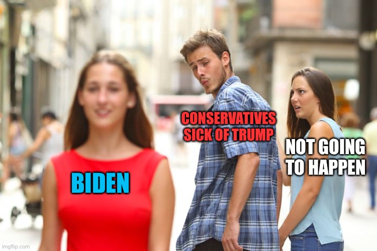 Distracted Boyfriend Meme | BIDEN CONSERVATIVES SICK OF TRUMP NOT GOING TO HAPPEN | image tagged in memes,distracted boyfriend | made w/ Imgflip meme maker