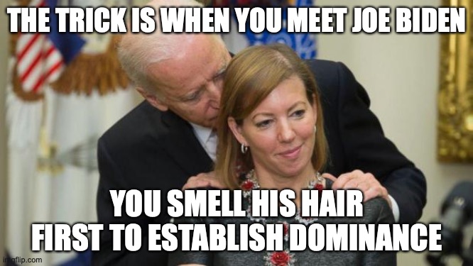 Creepy Joe Biden | THE TRICK IS WHEN YOU MEET JOE BIDEN; YOU SMELL HIS HAIR FIRST TO ESTABLISH DOMINANCE | image tagged in creepy joe biden,smell | made w/ Imgflip meme maker