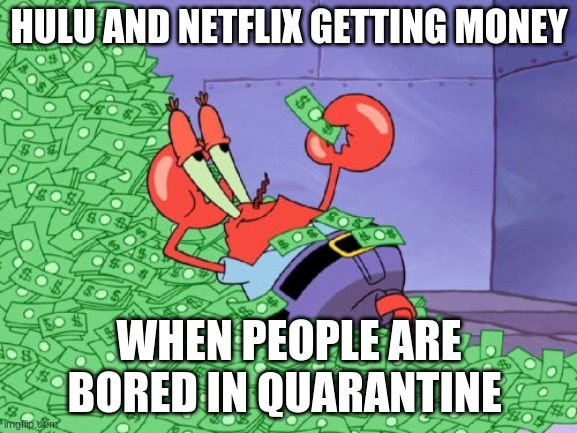 meme | HULU AND NETFLIX GETTING MONEY; WHEN PEOPLE ARE BORED IN QUARANTINE | image tagged in mr krabs money | made w/ Imgflip meme maker