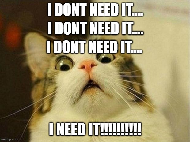 Scared Cat Meme | I DONT NEED IT.... I NEED IT!!!!!!!!!! I DONT NEED IT.... I DONT NEED IT.... | image tagged in memes,scared cat | made w/ Imgflip meme maker