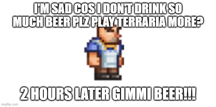 PLAY TERRARIA! | I'M SAD COS I DON'T DRINK SO MUCH BEER PLZ PLAY TERRARIA MORE? 2 HOURS LATER GIMMI BEER!!! | image tagged in gamers | made w/ Imgflip meme maker
