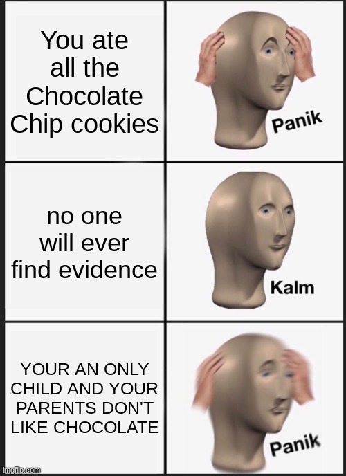 HALP | You ate all the Chocolate Chip cookies; no one will ever find evidence; YOUR AN ONLY CHILD AND YOUR PARENTS DON'T LIKE CHOCOLATE | image tagged in memes,panik kalm panik | made w/ Imgflip meme maker