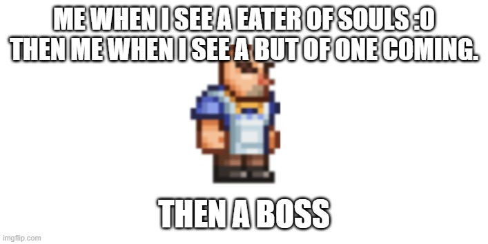 Eater of souls and bosses | ME WHEN I SEE A EATER OF SOULS :0 THEN ME WHEN I SEE A BUT OF ONE COMING. THEN A BOSS | image tagged in video games | made w/ Imgflip meme maker
