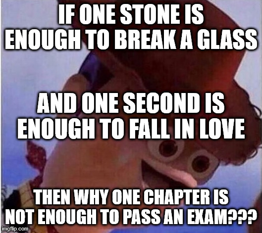 The Best Reason | IF ONE STONE IS ENOUGH TO BREAK A GLASS; AND ONE SECOND IS ENOUGH TO FALL IN LOVE; THEN WHY ONE CHAPTER IS NOT ENOUGH TO PASS AN EXAM??? | image tagged in what the | made w/ Imgflip meme maker