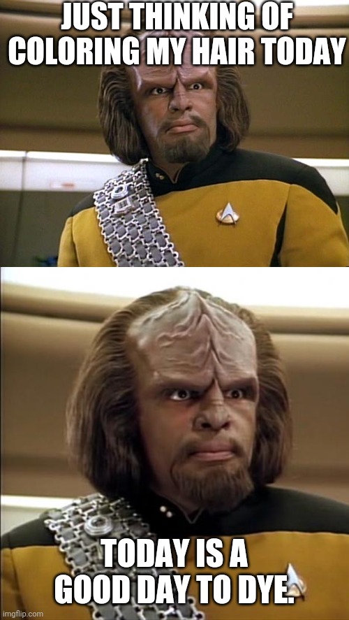 Funny pun | JUST THINKING OF COLORING MY HAIR TODAY; TODAY IS A GOOD DAY TO DYE. | image tagged in klingon,lt worf - say what,funny,funny memes | made w/ Imgflip meme maker