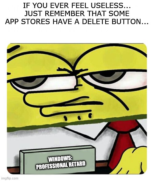 i f you ever feel useless... | IF YOU EVER FEEL USELESS... JUST REMEMBER THAT SOME APP STORES HAVE A DELETE BUTTON... WINDOWS:
PROFESSIONAL RETARD | image tagged in spongebob name tag | made w/ Imgflip meme maker