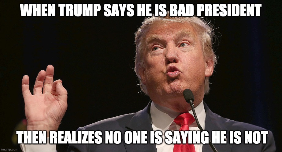 trumo | WHEN TRUMP SAYS HE IS BAD PRESIDENT; THEN REALIZES NO ONE IS SAYING HE IS NOT | image tagged in trumo | made w/ Imgflip meme maker