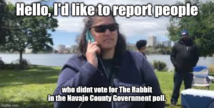 White lady calls cops | Hello, I'd like to report people; who didnt vote for The Rabbit in the Navajo County Government poll. | image tagged in white lady calls cops | made w/ Imgflip meme maker