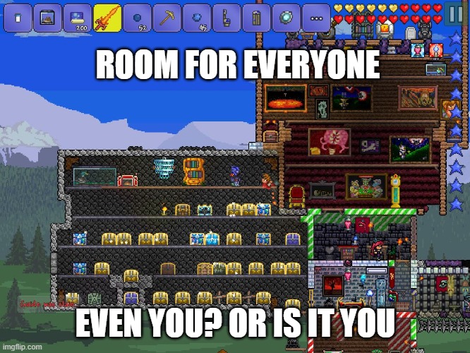 Terraria Roomy Room | ROOM FOR EVERYONE; EVEN YOU? OR IS IT YOU | image tagged in terraria roomy room | made w/ Imgflip meme maker