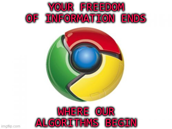 Beware of he who would deny you access to information, for in his heart he deems himself your master. | YOUR FREEDOM OF INFORMATION ENDS; WHERE OUR ALGORITHMS BEGIN | image tagged in google chrome,youtube,internet,search engine,information,manipulation | made w/ Imgflip meme maker