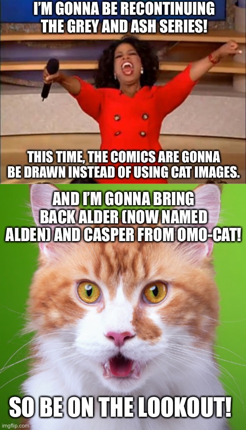 Announcement | I’M GONNA BE RECONTINUING THE GREY AND ASH SERIES! THIS TIME, THE COMICS ARE GONNA BE DRAWN INSTEAD OF USING CAT IMAGES. AND I’M GONNA BRING BACK ALDER (NOW NAMED ALDEN) AND CASPER FROM OMO-CAT! SO BE ON THE LOOKOUT! | image tagged in announcement,grey and ash | made w/ Imgflip meme maker