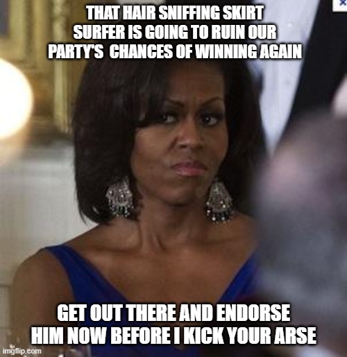Who wears the pants | THAT HAIR SNIFFING SKIRT SURFER IS GOING TO RUIN OUR PARTY'S  CHANCES OF WINNING AGAIN; GET OUT THERE AND ENDORSE HIM NOW BEFORE I KICK YOUR ARSE | image tagged in michelle obama side eye | made w/ Imgflip meme maker