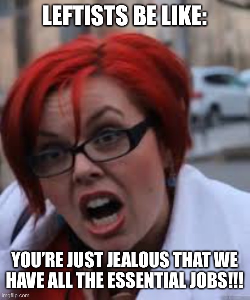 SJW Triggered | LEFTISTS BE LIKE: YOU’RE JUST JEALOUS THAT WE HAVE ALL THE ESSENTIAL JOBS!!! | image tagged in sjw triggered | made w/ Imgflip meme maker