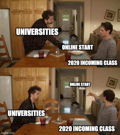 It's Always Sunny Mac And Cheese | UNIVERSITIES; ONLINE START; 2020 INCOMING CLASS; ONLINE START; UNIVERSITIES; 2020 INCOMING CLASS | image tagged in it's always sunny mac and cheese | made w/ Imgflip meme maker