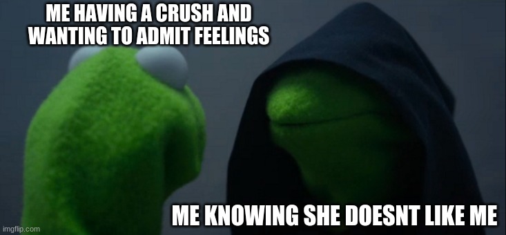 Evil Kermit | ME HAVING A CRUSH AND WANTING TO ADMIT FEELINGS; ME KNOWING SHE DOESNT LIKE ME | image tagged in memes,evil kermit | made w/ Imgflip meme maker