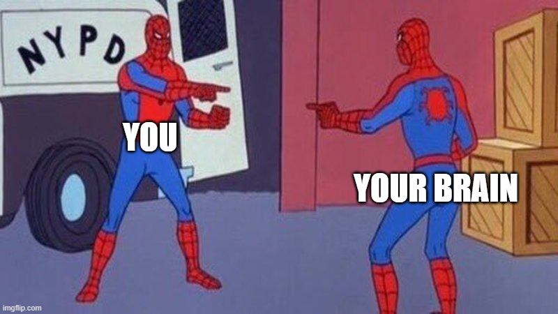 spiderman pointing at spiderman | YOU YOUR BRAIN | image tagged in spiderman pointing at spiderman | made w/ Imgflip meme maker