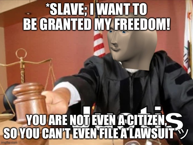 Slaves be like | *SLAVE; I WANT TO BE GRANTED MY FREEDOM! YOU ARE NOT EVEN A CITIZEN, SO YOU CAN’T EVEN FILE A LAWSUIT ツ | image tagged in slavery | made w/ Imgflip meme maker