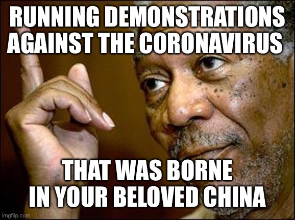 This Morgan Freeman | RUNNING DEMONSTRATIONS AGAINST THE CORONAVIRUS THAT WAS BORNE IN YOUR BELOVED CHINA | image tagged in this morgan freeman | made w/ Imgflip meme maker