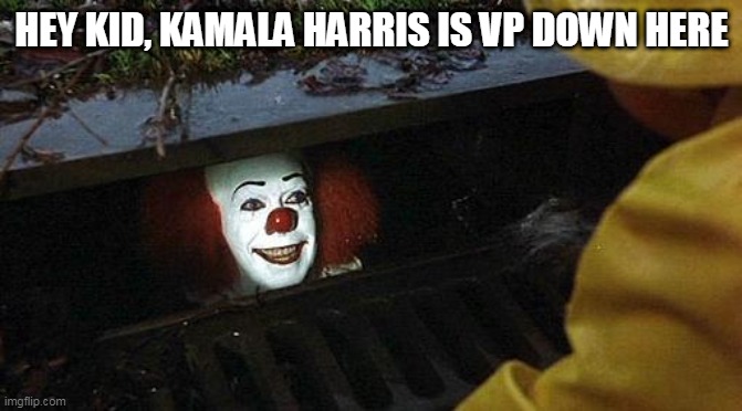 pennywise | HEY KID, KAMALA HARRIS IS VP DOWN HERE | image tagged in pennywise | made w/ Imgflip meme maker