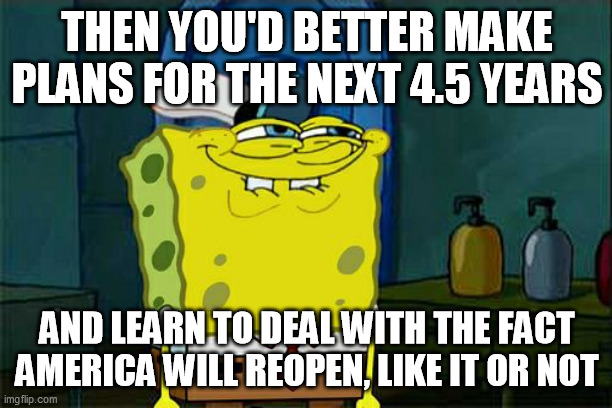 Don't You Squidward Meme | THEN YOU'D BETTER MAKE PLANS FOR THE NEXT 4.5 YEARS AND LEARN TO DEAL WITH THE FACT AMERICA WILL REOPEN, LIKE IT OR NOT | image tagged in memes,don't you squidward | made w/ Imgflip meme maker