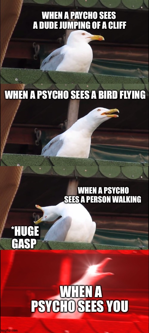 Inhaling Seagull Meme | WHEN A PAYCHO SEES  A DUDE JUMPING OF A CLIFF; WHEN A PSYCHO SEES A BIRD FLYING; WHEN A PSYCHO SEES A PERSON WALKING; *HUGE GASP; WHEN A PSYCHO SEES YOU | image tagged in memes,inhaling seagull | made w/ Imgflip meme maker