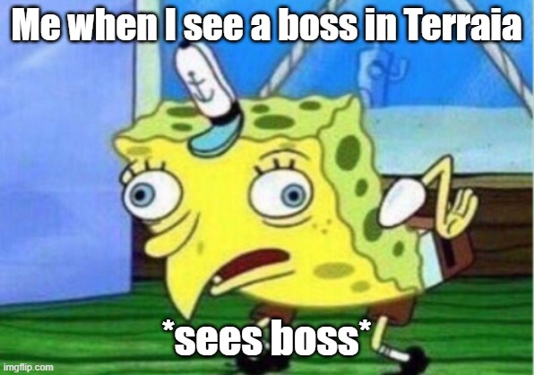 Mocking Spongebob | Me when I see a boss in Terraia; *sees boss* | image tagged in memes,mocking spongebob | made w/ Imgflip meme maker