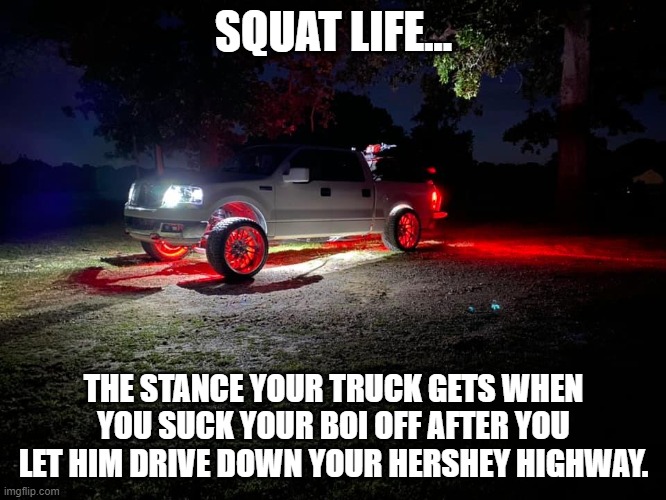  SQUAT LIFE... THE STANCE YOUR TRUCK GETS WHEN YOU SUCK YOUR BOI OFF AFTER YOU LET HIM DRIVE DOWN YOUR HERSHEY HIGHWAY. | image tagged in squat life,carolina squat | made w/ Imgflip meme maker