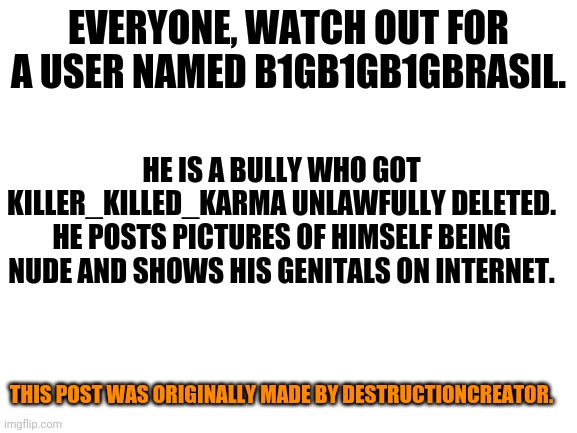 "Local Bully Alert: B1GB1GB1GBRASIL" | EVERYONE, WATCH OUT FOR A USER NAMED B1GB1GB1GBRASIL. HE IS A BULLY WHO GOT KILLER_KILLED_KARMA UNLAWFULLY DELETED. HE POSTS PICTURES OF HIMSELF BEING NUDE AND SHOWS HIS GENITALS ON INTERNET. THIS POST WAS ORIGINALLY MADE BY DESTRUCTIONCREATOR. | image tagged in blank white template,memes,nude,nudity | made w/ Imgflip meme maker