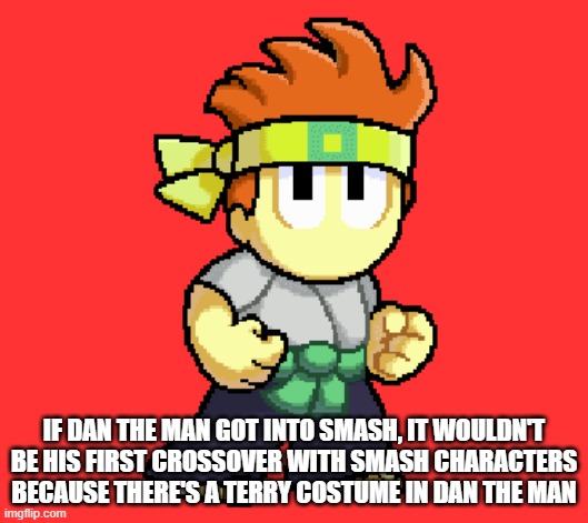 Just a thought | IF DAN THE MAN GOT INTO SMASH, IT WOULDN'T BE HIS FIRST CROSSOVER WITH SMASH CHARACTERS BECAUSE THERE'S A TERRY COSTUME IN DAN THE MAN | made w/ Imgflip meme maker