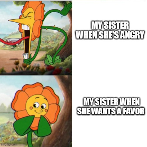 Cuphead Flower - My Sister | MY SISTER WHEN SHE'S ANGRY; MY SISTER WHEN SHE WANTS A FAVOR | image tagged in cuphead flower | made w/ Imgflip meme maker