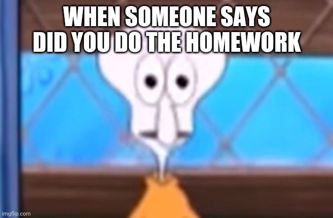 Bobby sponge | WHEN SOMEONE SAYS DID YOU DO THE HOMEWORK | image tagged in squidward in tehran face | made w/ Imgflip meme maker
