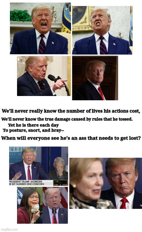 Trump Is An Ass | We'll never really know the number of lives his actions cost, We'll never know the true damage caused by rules that he tossed. Yet he is there each day
To posture, snort, and bray--; When will everyone see he's an ass that needs to get lost? | image tagged in plain white tall | made w/ Imgflip meme maker
