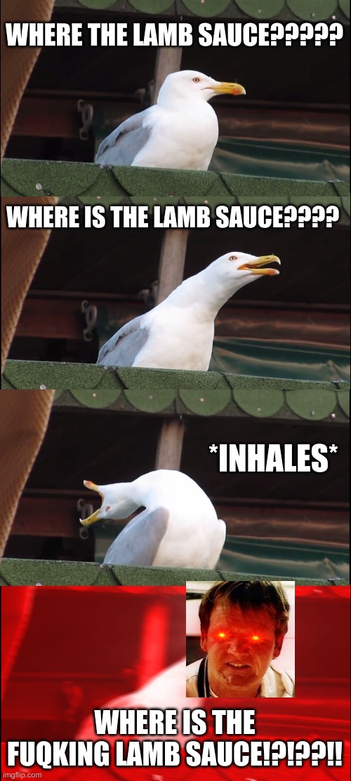 Inhaling Seagull | WHERE THE LAMB SAUCE????? WHERE IS THE LAMB SAUCE???? *INHALES*; WHERE IS THE FUQKING LAMB SAUCE!?!??!! | image tagged in memes,inhaling seagull | made w/ Imgflip meme maker