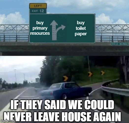 Covid-19 quarantine | buy primary resources; buy toilet paper; IF THEY SAID WE COULD NEVER LEAVE HOUSE AGAIN | image tagged in memes,left exit 12 off ramp,coronavirus,toilet paper,covid-19 | made w/ Imgflip meme maker