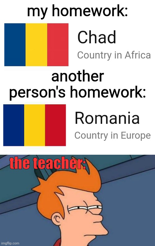 very suspicious | my homework:; another person's homework:; the teacher: | image tagged in memes,futurama fry,blank transparent square,copy,teacher,homework | made w/ Imgflip meme maker