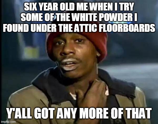 Y'all Got Any More Of That Meme | SIX YEAR OLD ME WHEN I TRY SOME OF THE WHITE POWDER I FOUND UNDER THE ATTIC FLOORBOARDS; Y'ALL GOT ANY MORE OF THAT | image tagged in memes,y'all got any more of that | made w/ Imgflip meme maker