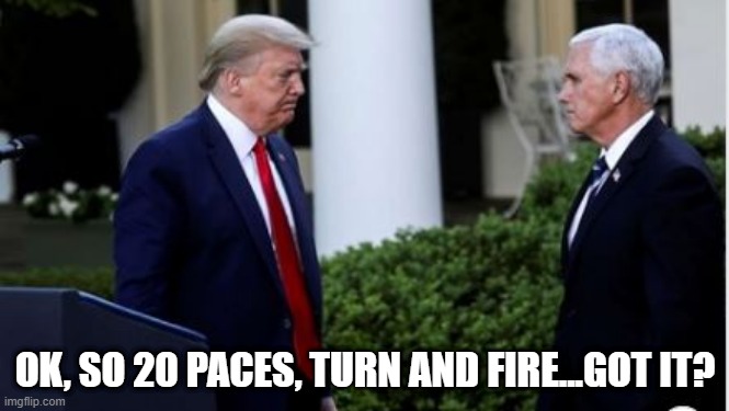 Duel | OK, SO 20 PACES, TURN AND FIRE...GOT IT? | image tagged in politics,trump,pence | made w/ Imgflip meme maker