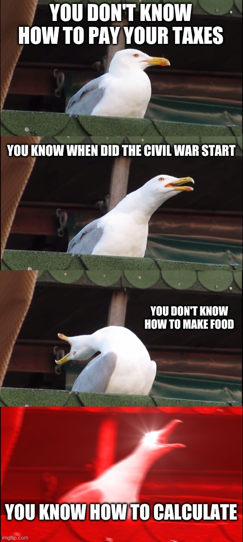 Inhaling Seagull Meme | YOU DON'T KNOW HOW TO PAY YOUR TAXES; YOU KNOW WHEN DID THE CIVIL WAR START; YOU DON'T KNOW HOW TO MAKE FOOD; YOU KNOW HOW TO CALCULATE | image tagged in memes,inhaling seagull,school,high school | made w/ Imgflip meme maker