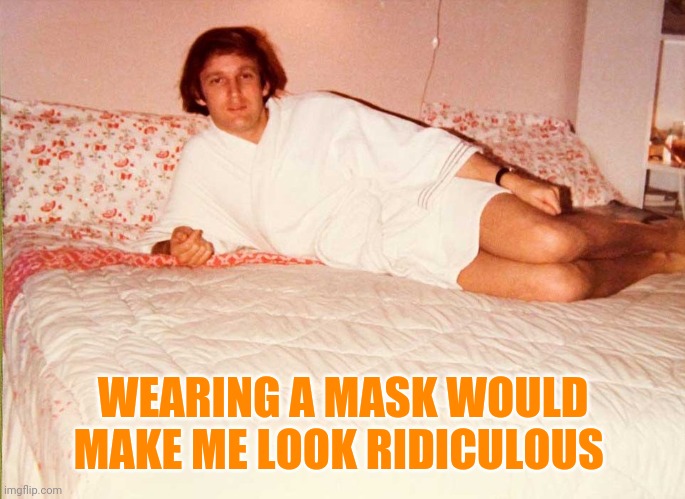 Yeah couldn't possibly be the fake tan or the combover | WEARING A MASK WOULD MAKE ME LOOK RIDICULOUS | image tagged in trump bed | made w/ Imgflip meme maker