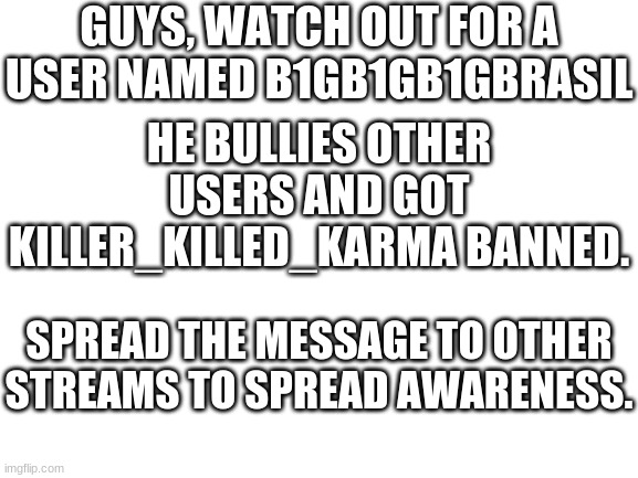 Blank White Template | GUYS, WATCH OUT FOR A USER NAMED B1GB1GB1GBRASIL; HE BULLIES OTHER USERS AND GOT KILLER_KILLED_KARMA BANNED. SPREAD THE MESSAGE TO OTHER STREAMS TO SPREAD AWARENESS. | image tagged in blank white template | made w/ Imgflip meme maker