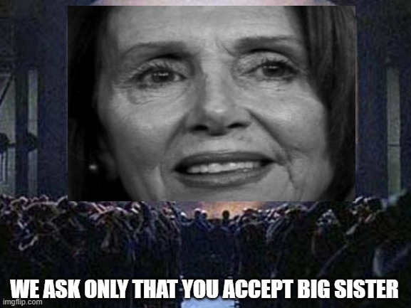 OUR BIG SISTER - NANCY PELOSI | WE ASK ONLY THAT YOU ACCEPT BIG SISTER | image tagged in election 2020,liberal vs conservative,donald trump approves,nancy pelosi,fake news,1984 | made w/ Imgflip meme maker