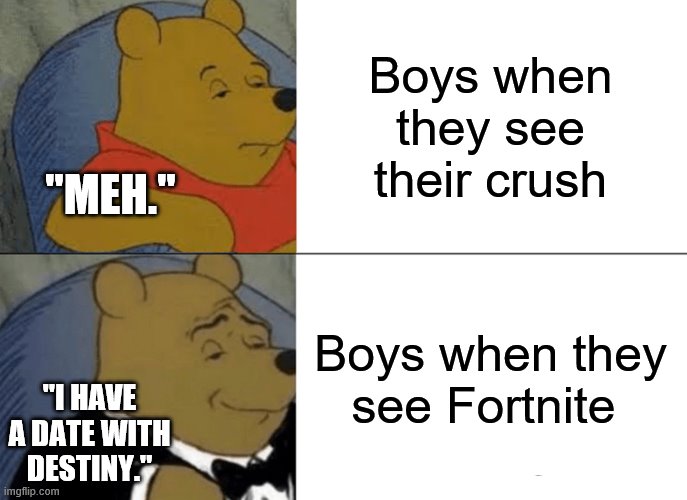 Tuxedo Winnie The Pooh Meme | Boys when they see their crush; "MEH."; Boys when they see Fortnite; "I HAVE A DATE WITH DESTINY." | image tagged in memes,tuxedo winnie the pooh | made w/ Imgflip meme maker