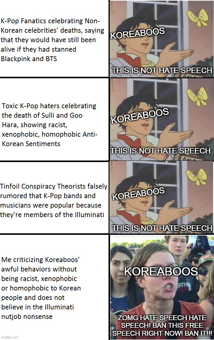 Koreaboos' Definition Of Hate Speech? | KOREABOOS; THIS IS NOT HATE SPEECH; KOREABOOS; THIS IS NOT HATE SPEECH; KOREABOOS; THIS IS NOT HATE SPEECH; KOREABOOS; ZOMG HATE SPEECH HATE SPEECH! BAN THIS FREE SPEECH RIGHT NOW! BAN IT!!! | image tagged in memes,kpop,koreaboos,korea,hate speech,triggered | made w/ Imgflip meme maker