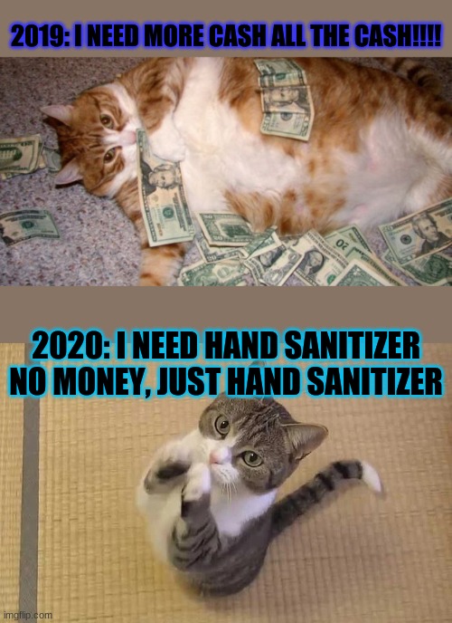 Lmao | 2019: I NEED MORE CASH ALL THE CASH!!!! 2020: I NEED HAND SANITIZER NO MONEY, JUST HAND SANITIZER | image tagged in memes | made w/ Imgflip meme maker