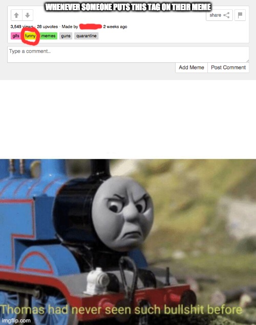 Seriously though, don't put this tag on your image | WHENEVER SOMEONE PUTS THIS TAG ON THEIR MEME | image tagged in thomas had never seen such bullshit before | made w/ Imgflip meme maker